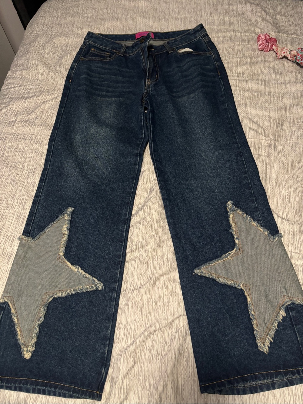 Wide-Leg Dark Blue Jeans with Star Knee Patches